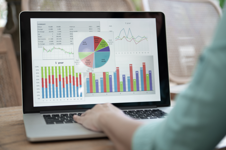 A person works on a laptop to complete capital budgeting.